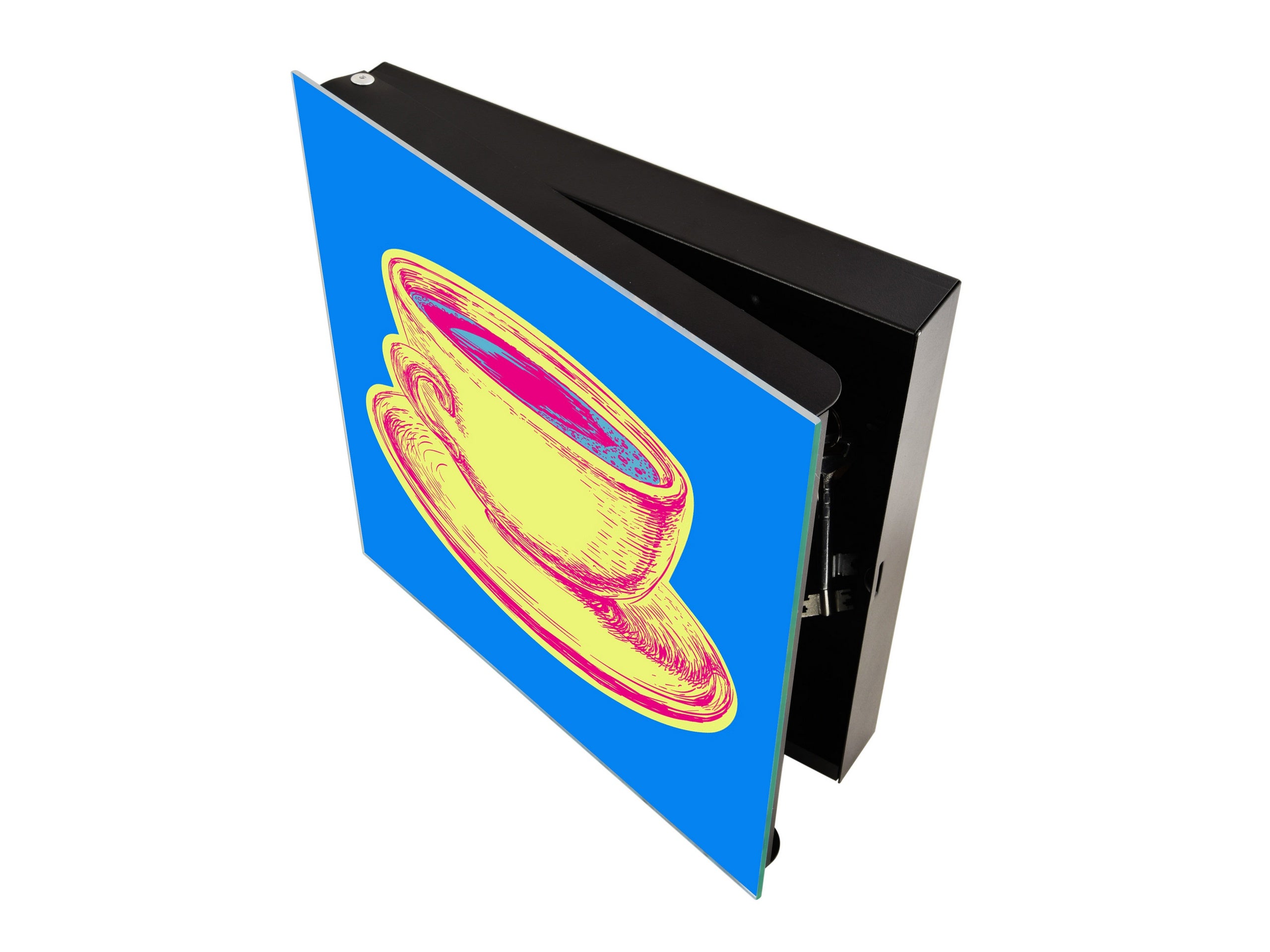 Key Storage Box with Magnetic Glass Whiteboard – Sleek Wall-Mounted Organizer – Magnetic Dry-Erase Key Holder – Decorative Key Organizer for Entryways & Offices – KN24 Pop Art Series : Pop Art Cup of Coffee 2