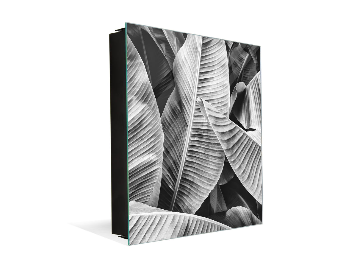 Decorative Key Box with Magnetic Glass Dry-Erase Board KN14 Nature series : Black and white banana leaves