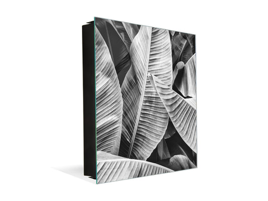 Decorative Key Box with Magnetic Glass Dry-Erase Board KN14 Nature series : Black and white banana leaves