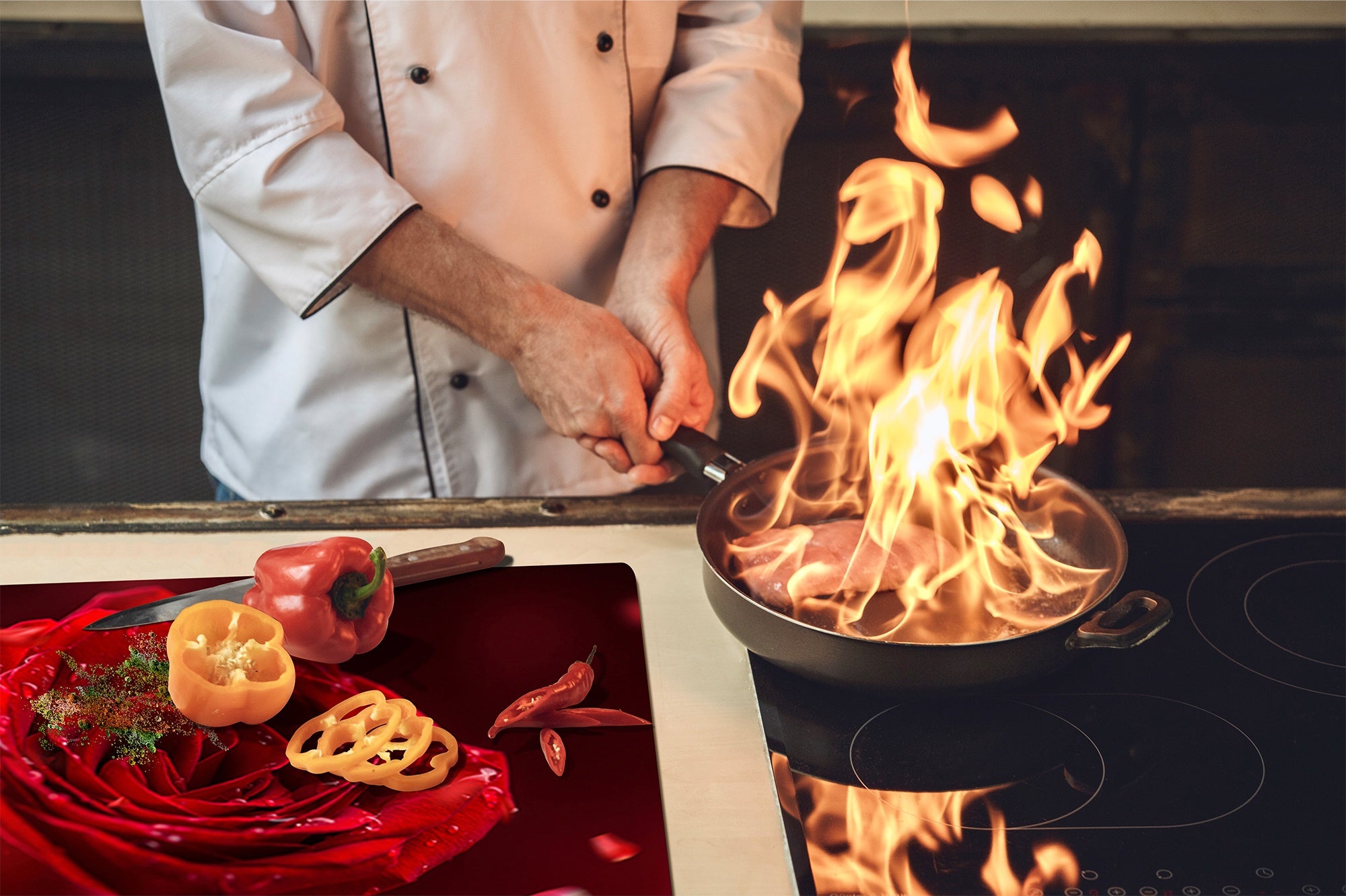 Tempered GLASS Cutting Board – Worktop saver and Pastry Board –- Glass Kitchen Board; MEASURES: SINGLE: 60 x 52 cm (23,62” x 20,47”); DOUBLE: 30 x 52 cm (11,81” x 20,47”); D34 Nature Series: Romantic red rose