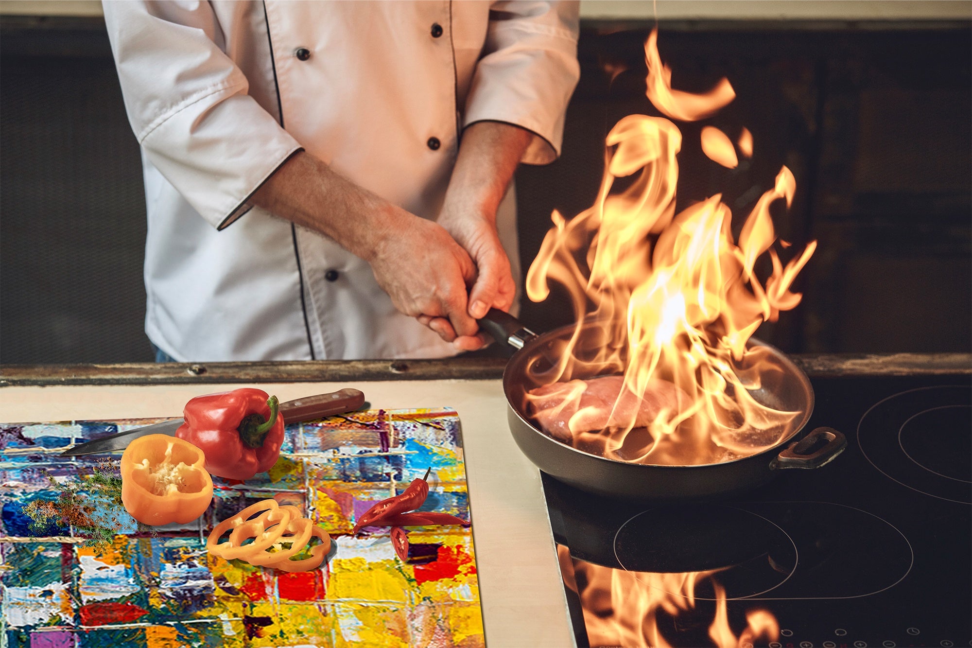 UNIQUE Tempered GLASS Kitchen Board –Scratch Resistant Glass Cutting Board – MEASURES: SINGLE: 60 x 52 cm (23,62” x 20,47”); DOUBLE: 30 x 52 cm (11,81” x 20,47”); D35 Art Series : Abstract art background