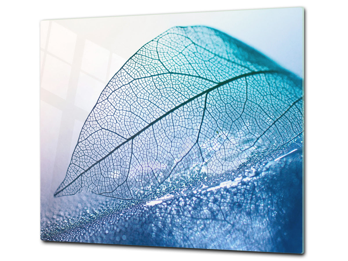 Tempered GLASS Cutting Board – Worktop saver and Pastry Board –- Glass Kitchen Board; MEASURES: SINGLE: 60 x 52 cm (23,62” x 20,47”); DOUBLE: 30 x 52 cm (11,81” x 20,47”); D34 Nature Series: Transparent blue leaf