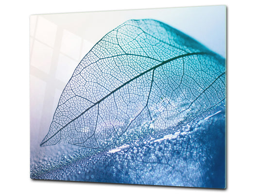 Tempered GLASS Cutting Board – Worktop saver and Pastry Board –- Glass Kitchen Board; MEASURES: SINGLE: 60 x 52 cm (23,62” x 20,47”); DOUBLE: 30 x 52 cm (11,81” x 20,47”); D34 Nature Series: Transparent blue leaf
