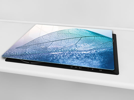 Tempered GLASS Cutting Board – Worktop saver and Pastry Board –- Glass Kitchen Board; MEASURES: SINGLE: 60 x 52 cm (23,62” x 20,47”); DOUBLE: 30 x 52 cm (11,81” x 20,47”); D34 Nature Series: Transparent blue leaf