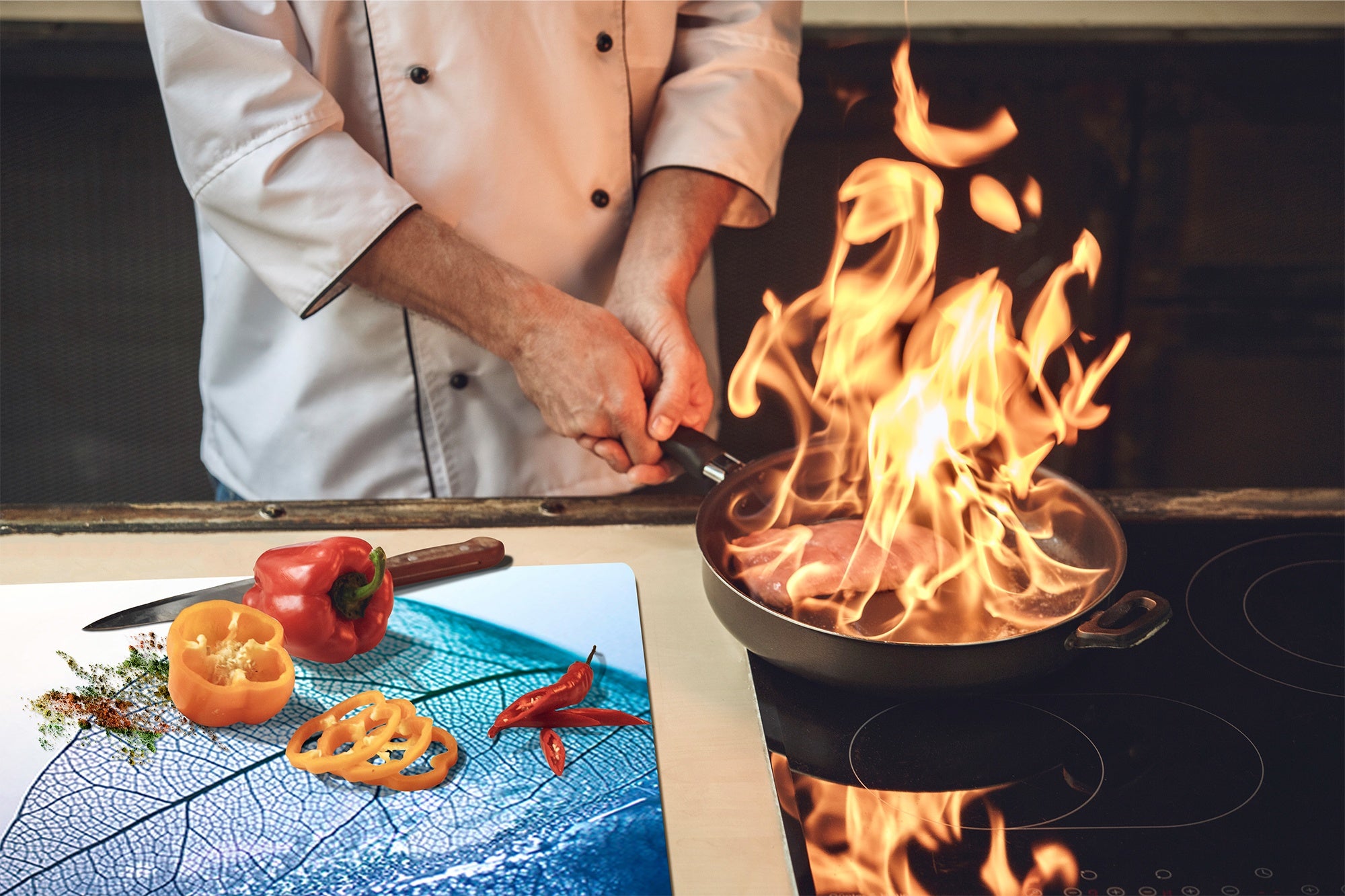 Tempered GLASS Cutting Board – Worktop saver and Pastry Board –- Glass Kitchen Board; MEASURES: SINGLE: 60 x 52 cm (23,62” x 20,47”); DOUBLE: 30 x 52 cm (11,81” x 20,47”); D34 Nature Series: Transparent blue leaf