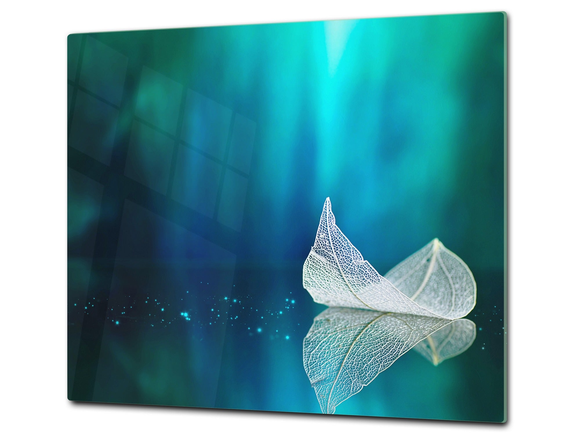 Tempered GLASS Cutting Board – Worktop saver and Pastry Board –- Glass Kitchen Board; MEASURES: SINGLE: 60 x 52 cm (23,62” x 20,47”); DOUBLE: 30 x 52 cm (11,81” x 20,47”); D34 Nature Series: Leaf on a mirror surface 2