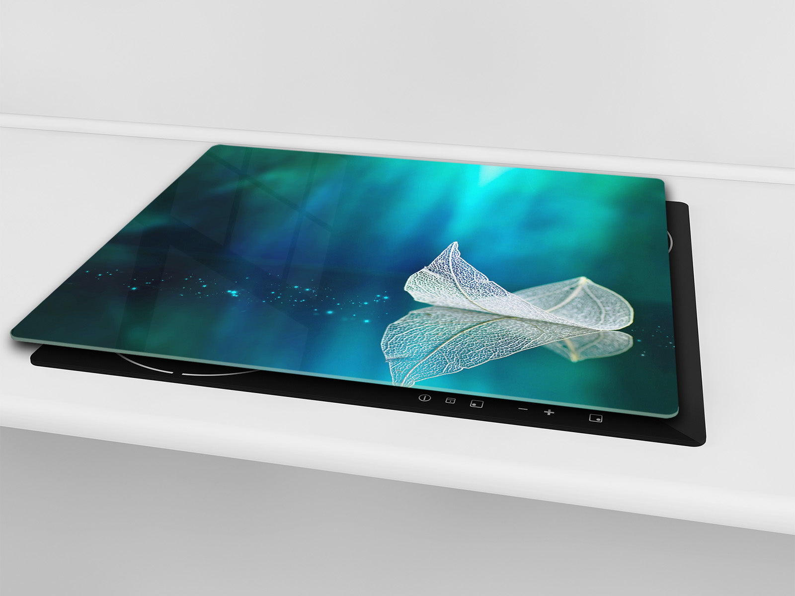 Tempered GLASS Cutting Board – Worktop saver and Pastry Board –- Glass Kitchen Board; MEASURES: SINGLE: 60 x 52 cm (23,62” x 20,47”); DOUBLE: 30 x 52 cm (11,81” x 20,47”); D34 Nature Series: Leaf on a mirror surface 2