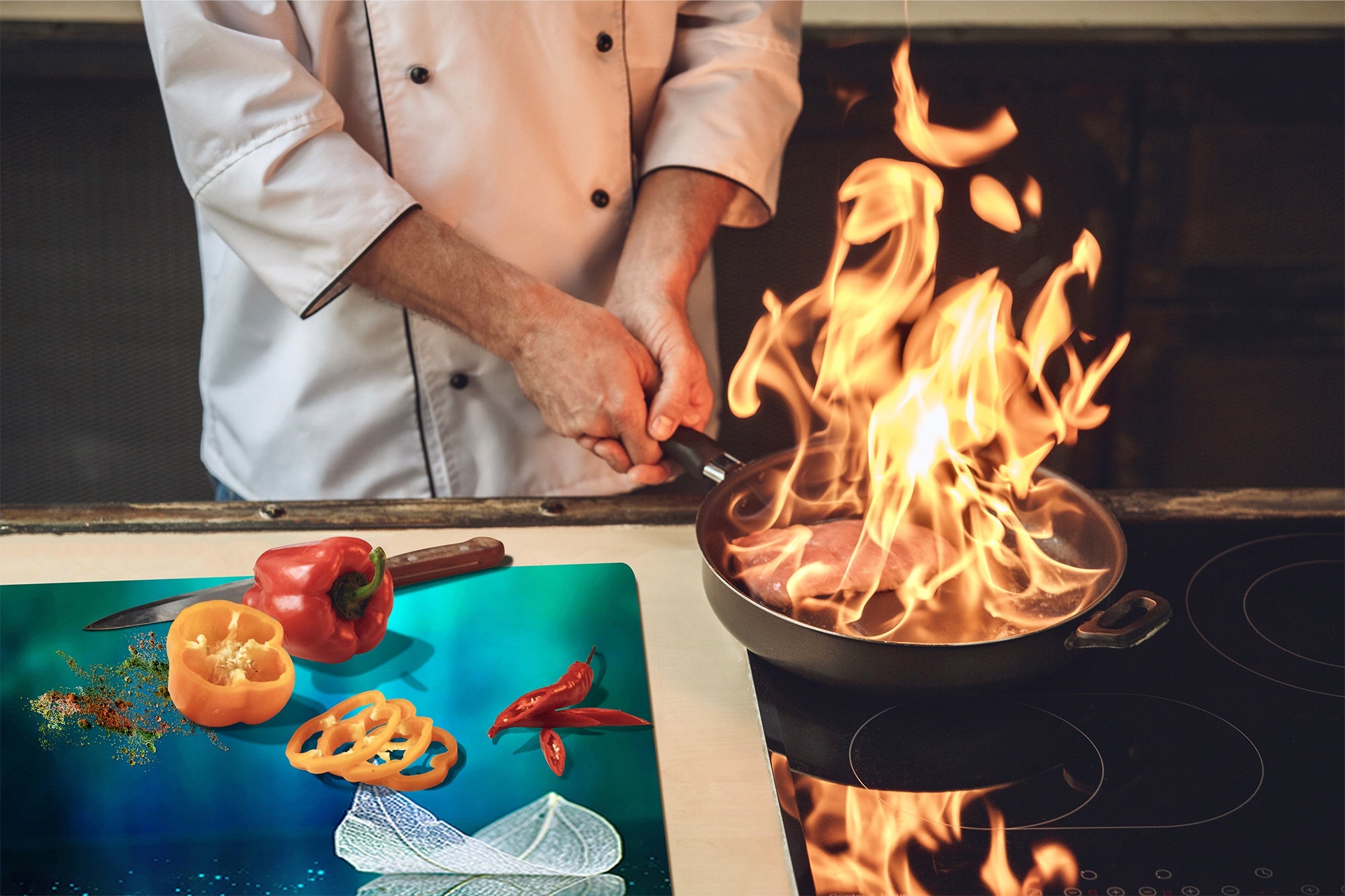 Tempered GLASS Cutting Board – Worktop saver and Pastry Board –- Glass Kitchen Board; MEASURES: SINGLE: 60 x 52 cm (23,62” x 20,47”); DOUBLE: 30 x 52 cm (11,81” x 20,47”); D34 Nature Series: Leaf on a mirror surface 2