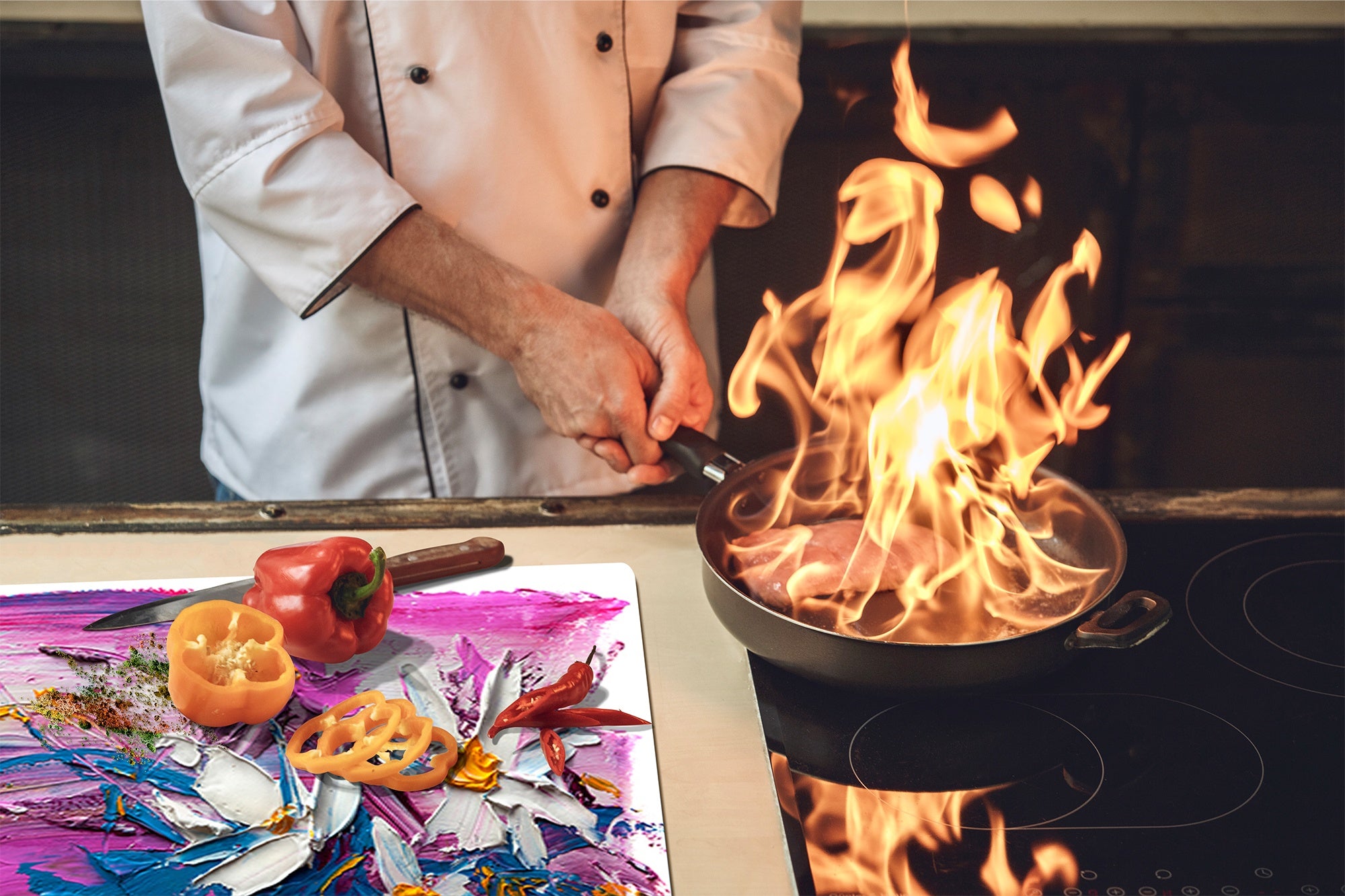 UNIQUE Tempered GLASS Kitchen Board –Scratch Resistant Glass Cutting Board – MEASURES: SINGLE: 60 x 52 cm (23,62” x 20,47”); DOUBLE: 30 x 52 cm (11,81” x 20,47”); D35 Art Series : Bouquet of flowers