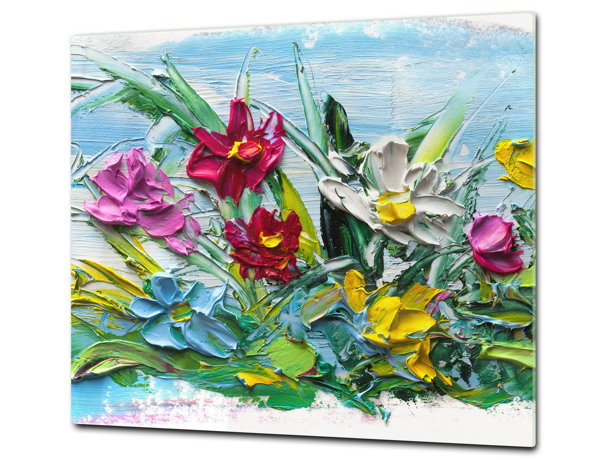 UNIQUE Tempered GLASS Kitchen Board –Scratch Resistant Glass Cutting Board – MEASURES: SINGLE: 60 x 52 cm (23,62” x 20,47”); DOUBLE: 30 x 52 cm (11,81” x 20,47”); D35 Art Series : Bouquet of flowers 2