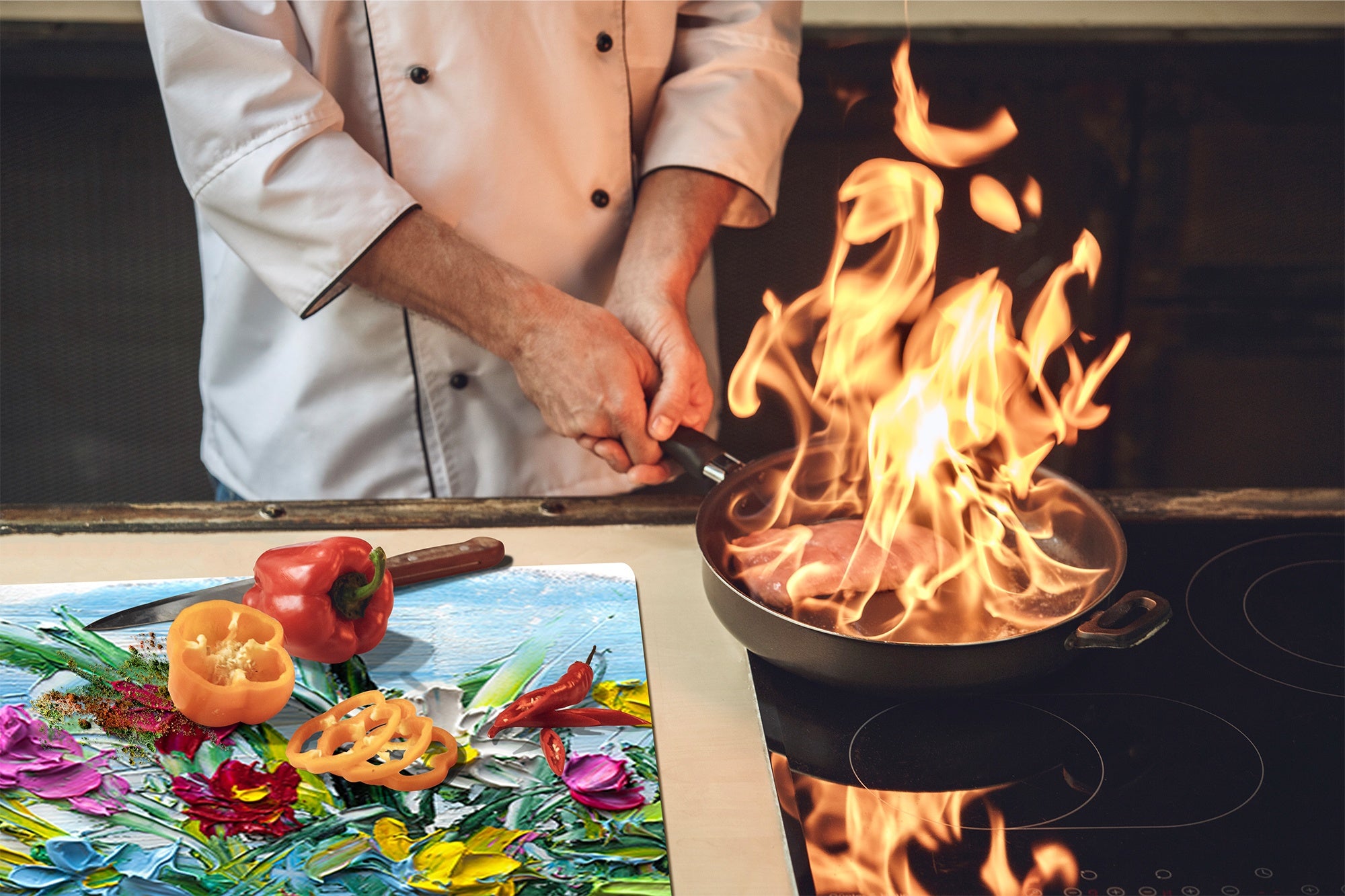 UNIQUE Tempered GLASS Kitchen Board –Scratch Resistant Glass Cutting Board – MEASURES: SINGLE: 60 x 52 cm (23,62” x 20,47”); DOUBLE: 30 x 52 cm (11,81” x 20,47”); D35 Art Series : Bouquet of flowers 2