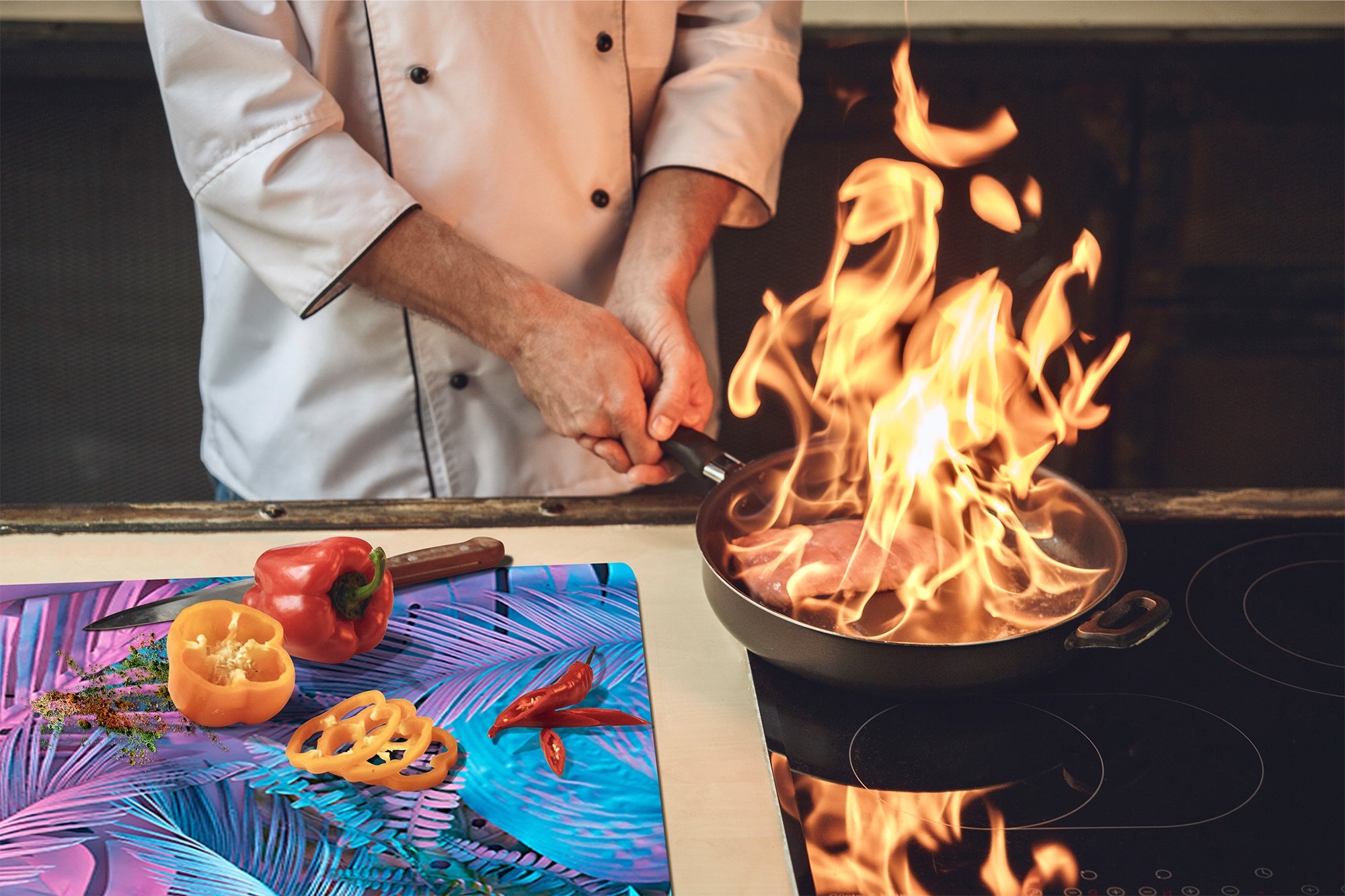 Tempered GLASS Cutting Board – Worktop saver and Pastry Board –- Glass Kitchen Board; MEASURES: SINGLE: 60 x 52 cm (23,62” x 20,47”); DOUBLE: 30 x 52 cm (11,81” x 20,47”); D34 Nature Series: Neon tropical leaves