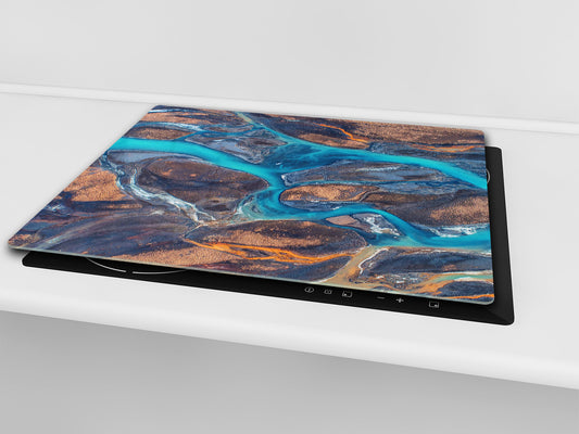 TEMPERED GLASS CHOPPING BOARD – Glass Cutting Board and Worktop Saver; MEASURES: SINGLE: 60 x 52 cm (23,62” x 20,47”); DOUBLE: 30 x 52 cm (11,81” x 20,47”); D36 Textures Series : River veins