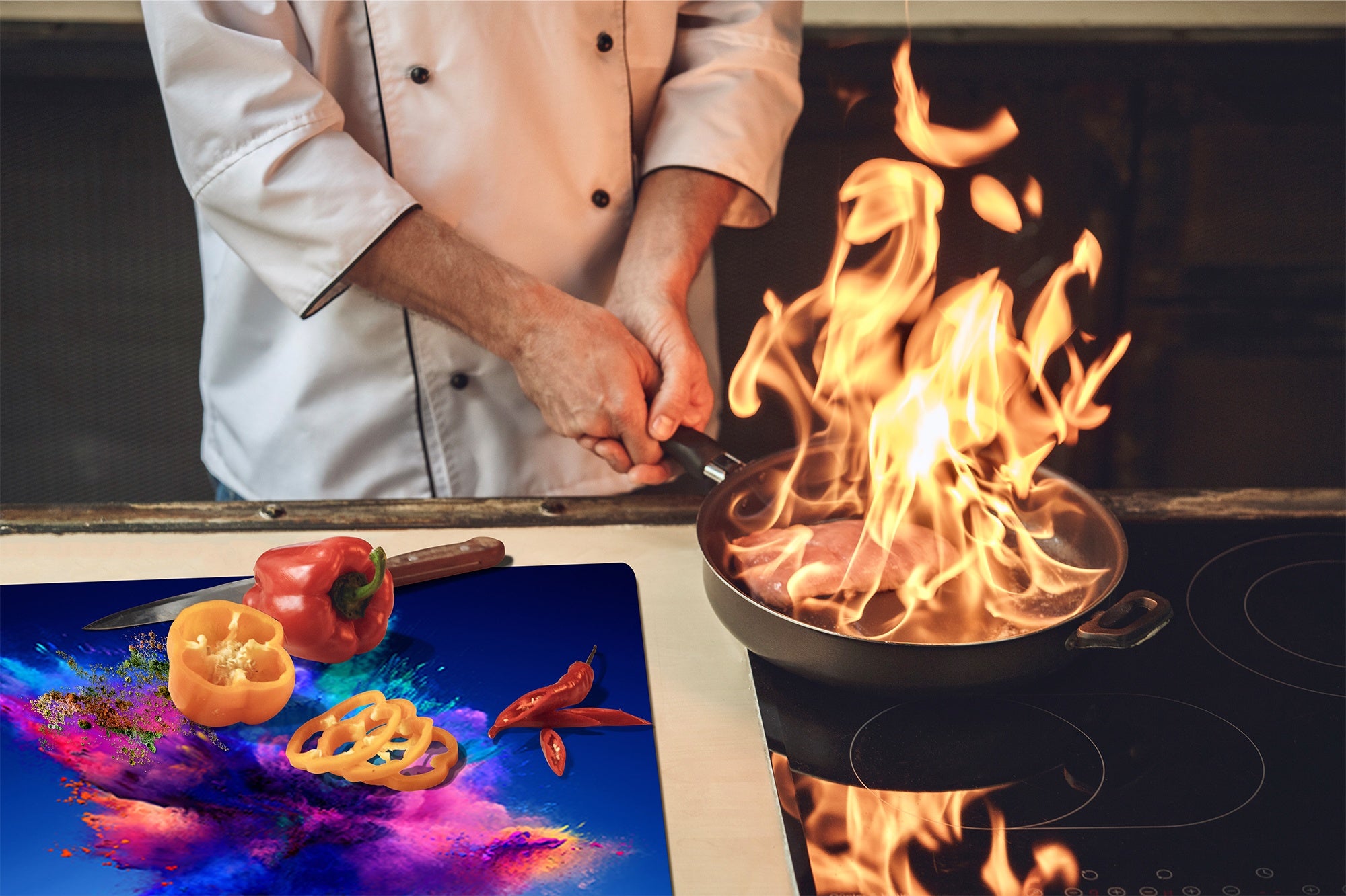 UNIQUE Tempered GLASS Kitchen Board –Scratch Resistant Glass Cutting Board – MEASURES: SINGLE: 60 x 52 cm (23,62” x 20,47”); DOUBLE: 30 x 52 cm (11,81” x 20,47”); D35 Art Series : Colour explosion 2