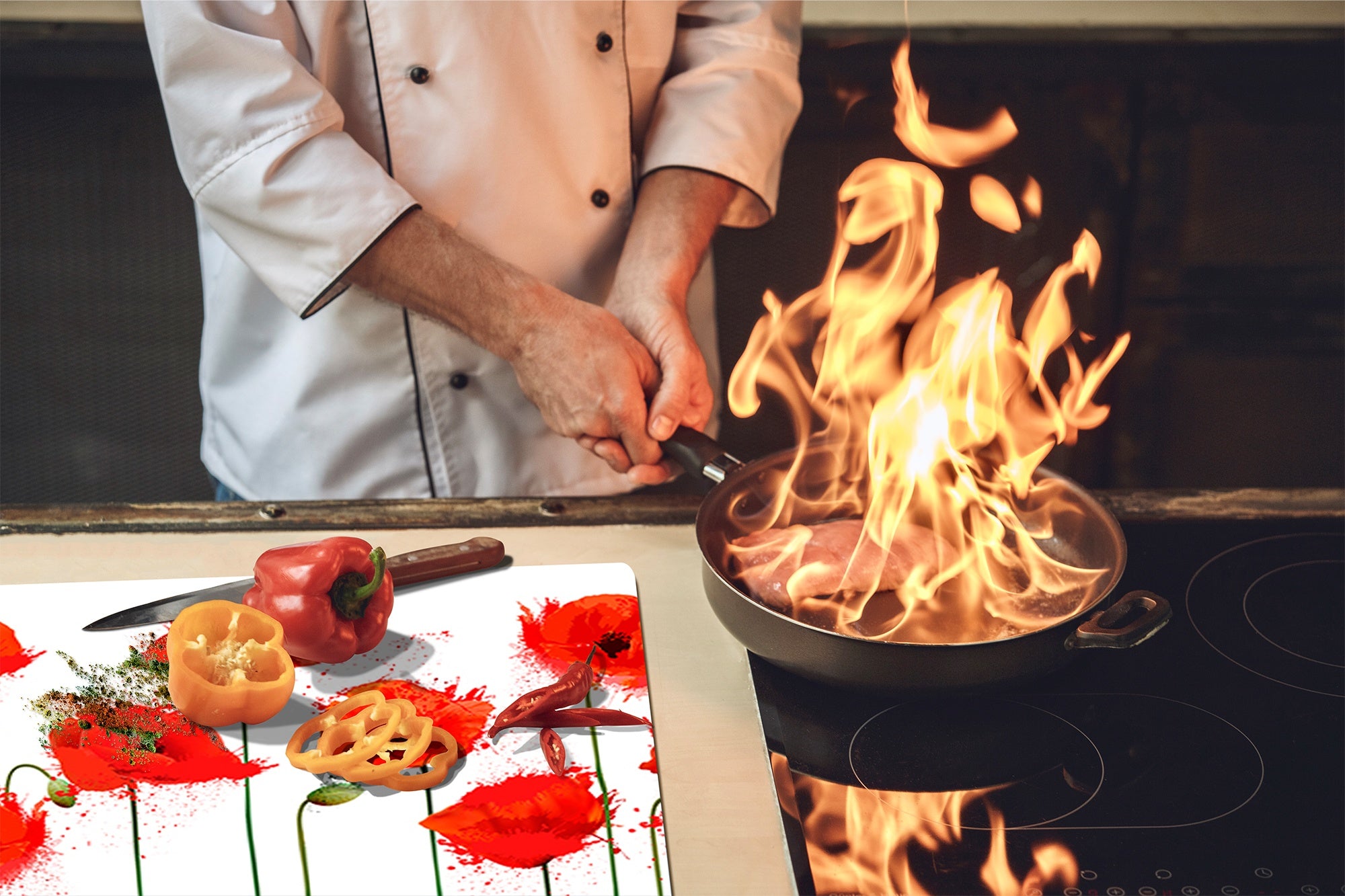 Tempered GLASS Cutting Board – Worktop saver and Pastry Board –- Glass Kitchen Board; MEASURES: SINGLE: 60 x 52 cm (23,62” x 20,47”); DOUBLE: 30 x 52 cm (11,81” x 20,47”); D34 Nature Series: Poppy seed flowers