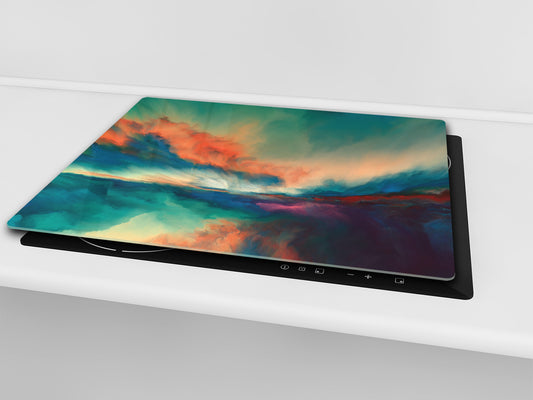 UNIQUE Tempered GLASS Kitchen Board –Scratch Resistant Glass Cutting Board – MEASURES: SINGLE: 60 x 52 cm (23,62” x 20,47”); DOUBLE: 30 x 52 cm (11,81” x 20,47”); D35 Art Series : Colourful sunset
