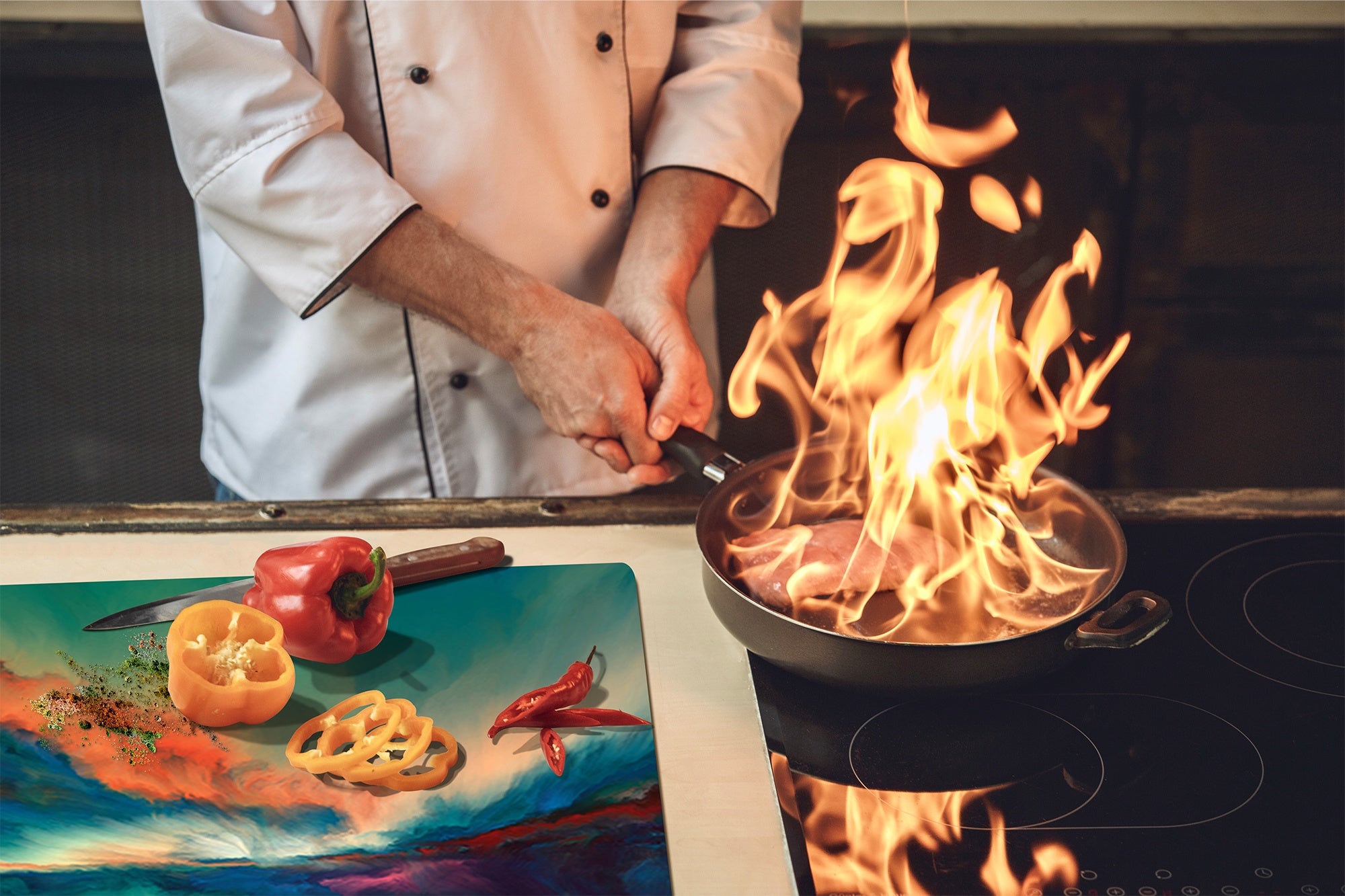 UNIQUE Tempered GLASS Kitchen Board –Scratch Resistant Glass Cutting Board – MEASURES: SINGLE: 60 x 52 cm (23,62” x 20,47”); DOUBLE: 30 x 52 cm (11,81” x 20,47”); D35 Art Series : Colourful sunset