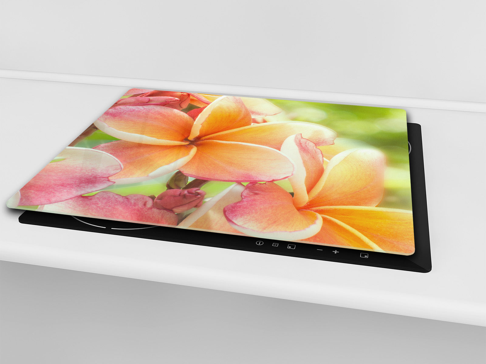 Tempered GLASS Cutting Board – Worktop saver and Pastry Board –- Glass Kitchen Board; MEASURES: SINGLE: 60 x 52 cm (23,62” x 20,47”); DOUBLE: 30 x 52 cm (11,81” x 20,47”); D34 Nature Series: Frangipani flower