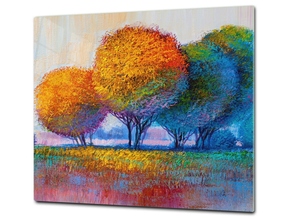 UNIQUE Tempered GLASS Kitchen Board –Scratch Resistant Glass Cutting Board – MEASURES: SINGLE: 60 x 52 cm (23,62” x 20,47”); DOUBLE: 30 x 52 cm (11,81” x 20,47”); D35 Art Series : Colourful trees 1