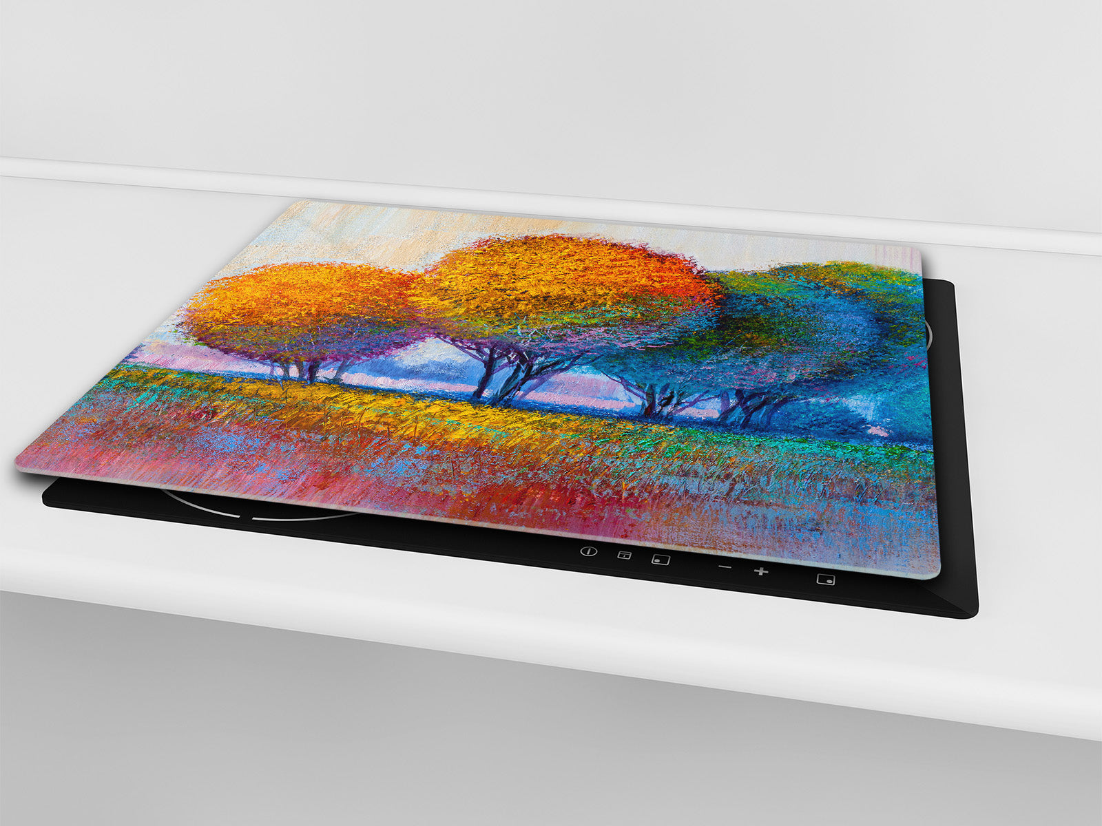 UNIQUE Tempered GLASS Kitchen Board –Scratch Resistant Glass Cutting Board – MEASURES: SINGLE: 60 x 52 cm (23,62” x 20,47”); DOUBLE: 30 x 52 cm (11,81” x 20,47”); D35 Art Series : Colourful trees 1