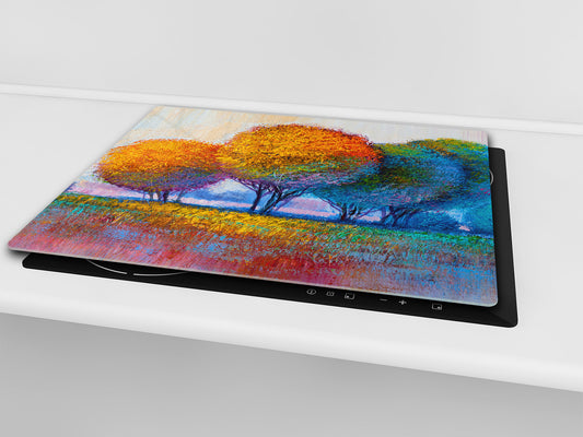UNIQUE Tempered GLASS Kitchen Board –Scratch Resistant Glass Cutting Board – MEASURES: SINGLE: 60 x 52 cm (23,62” x 20,47”); DOUBLE: 30 x 52 cm (11,81” x 20,47”); D35 Art Series : Colourful trees 1