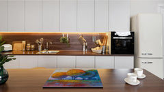 UNIQUE Tempered GLASS Kitchen Board –Scratch Resistant Glass Cutting Board – MEASURES: SINGLE: 60 x 52 cm (23,62” x 20,47”); DOUBLE: 30 x 52 cm (11,81” x 20,47”); D35 Art Series : Colourful trees 1
