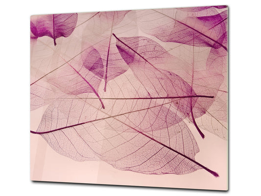 Tempered GLASS Cutting Board – Worktop saver and Pastry Board –- Glass Kitchen Board; MEASURES: SINGLE: 60 x 52 cm (23,62” x 20,47”); DOUBLE: 30 x 52 cm (11,81” x 20,47”); D34 Nature Series: Transparent purple leaves