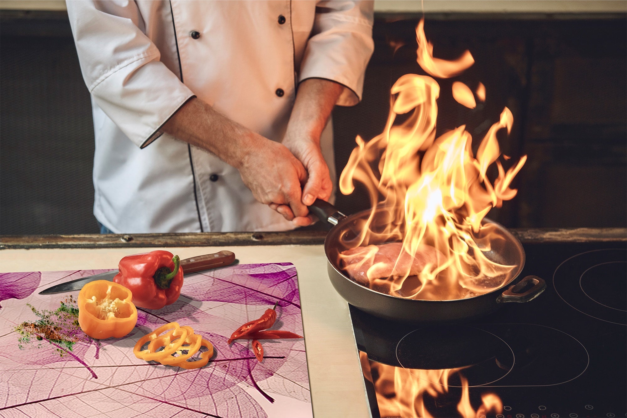 Tempered GLASS Cutting Board – Worktop saver and Pastry Board –- Glass Kitchen Board; MEASURES: SINGLE: 60 x 52 cm (23,62” x 20,47”); DOUBLE: 30 x 52 cm (11,81” x 20,47”); D34 Nature Series: Transparent purple leaves