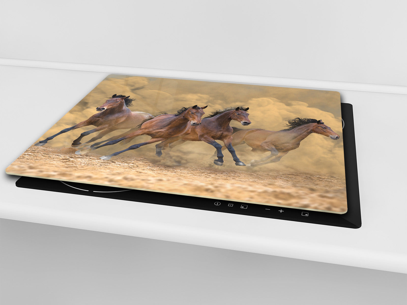 Induction Cooktop Cover Kitchen Board – Impact Resistant Glass Pastry Board; MEASURES: SINGLE: 60 x 52 cm (23,62” x 20,47”); DOUBLE: 30 x 52 cm (11,81” x 20,47”); D37 Animals Series : Galloping horses