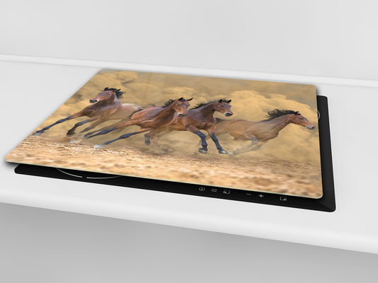 Induction Cooktop Cover Kitchen Board – Impact Resistant Glass Pastry Board; MEASURES: SINGLE: 60 x 52 cm (23,62” x 20,47”); DOUBLE: 30 x 52 cm (11,81” x 20,47”); D37 Animals Series : Galloping horses