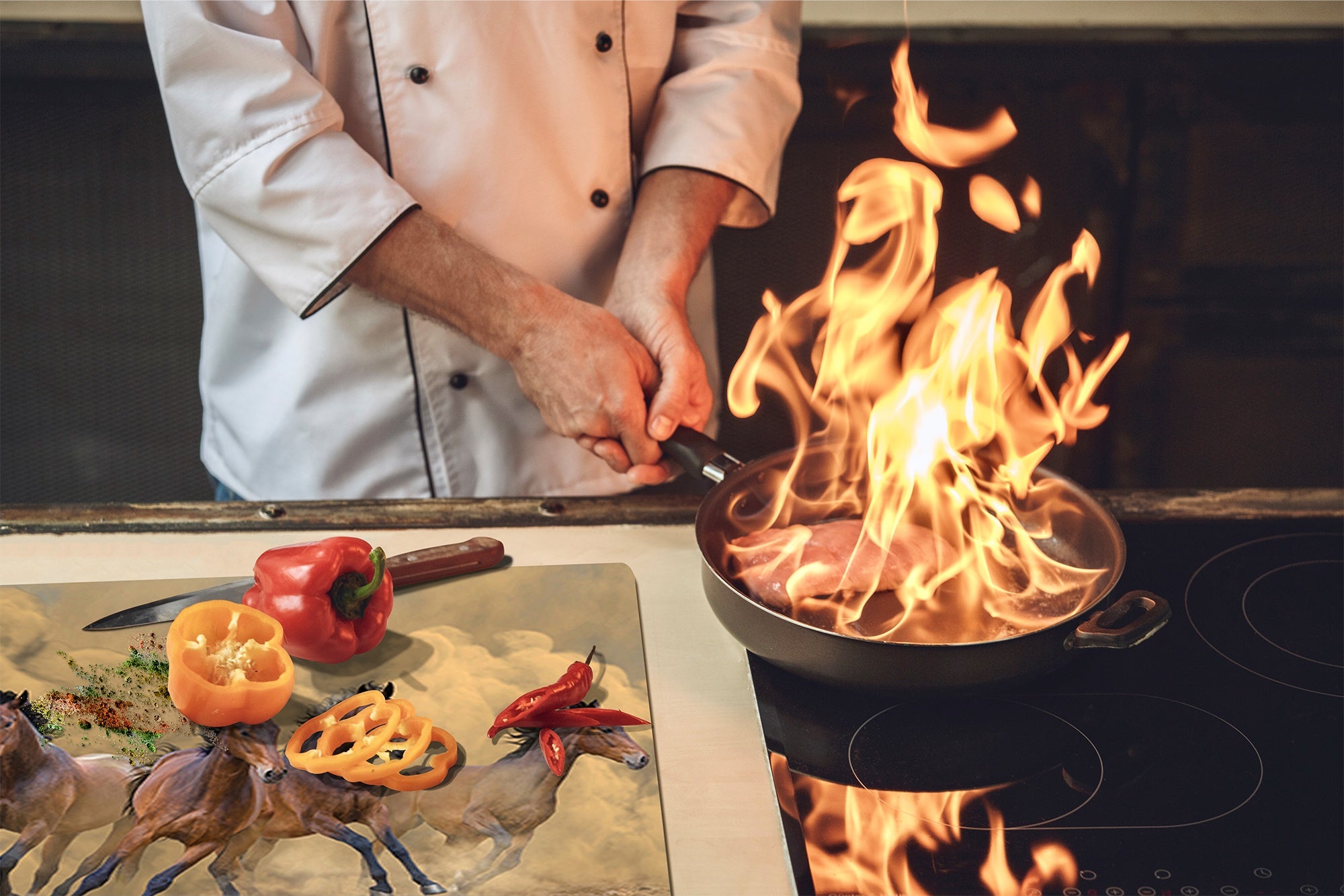 Induction Cooktop Cover Kitchen Board – Impact Resistant Glass Pastry Board; MEASURES: SINGLE: 60 x 52 cm (23,62” x 20,47”); DOUBLE: 30 x 52 cm (11,81” x 20,47”); D37 Animals Series : Galloping horses