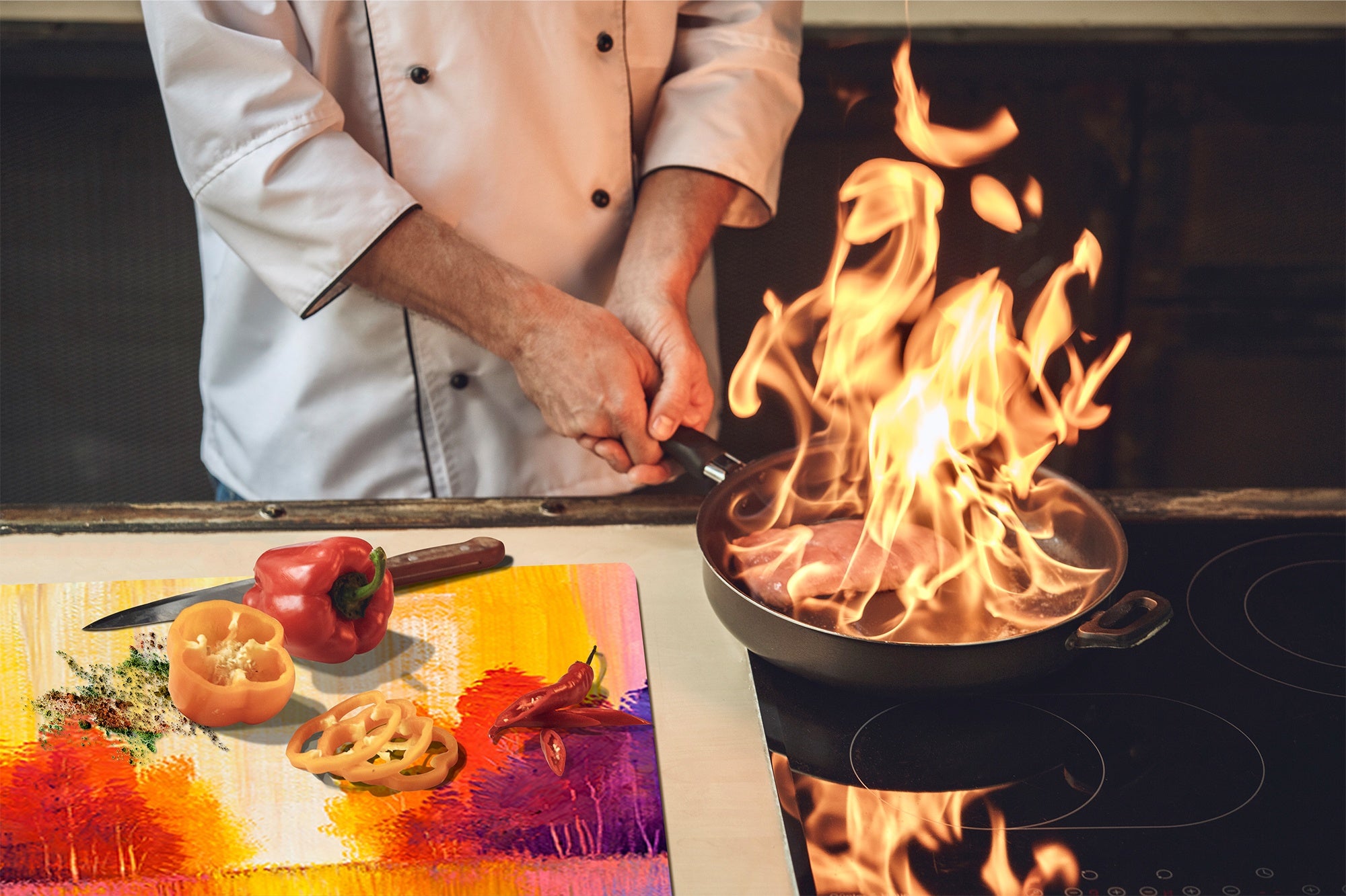 UNIQUE Tempered GLASS Kitchen Board –Scratch Resistant Glass Cutting Board – MEASURES: SINGLE: 60 x 52 cm (23,62” x 20,47”); DOUBLE: 30 x 52 cm (11,81” x 20,47”); D35 Art Series : Colourful trees 2