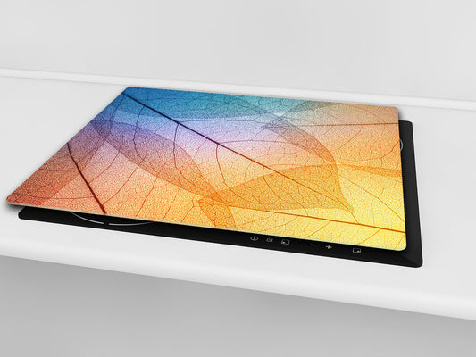 Tempered GLASS Cutting Board – Worktop saver and Pastry Board –- Glass Kitchen Board; MEASURES: SINGLE: 60 x 52 cm (23,62” x 20,47”); DOUBLE: 30 x 52 cm (11,81” x 20,47”); D34 Nature Series: Colourful transparent leaves