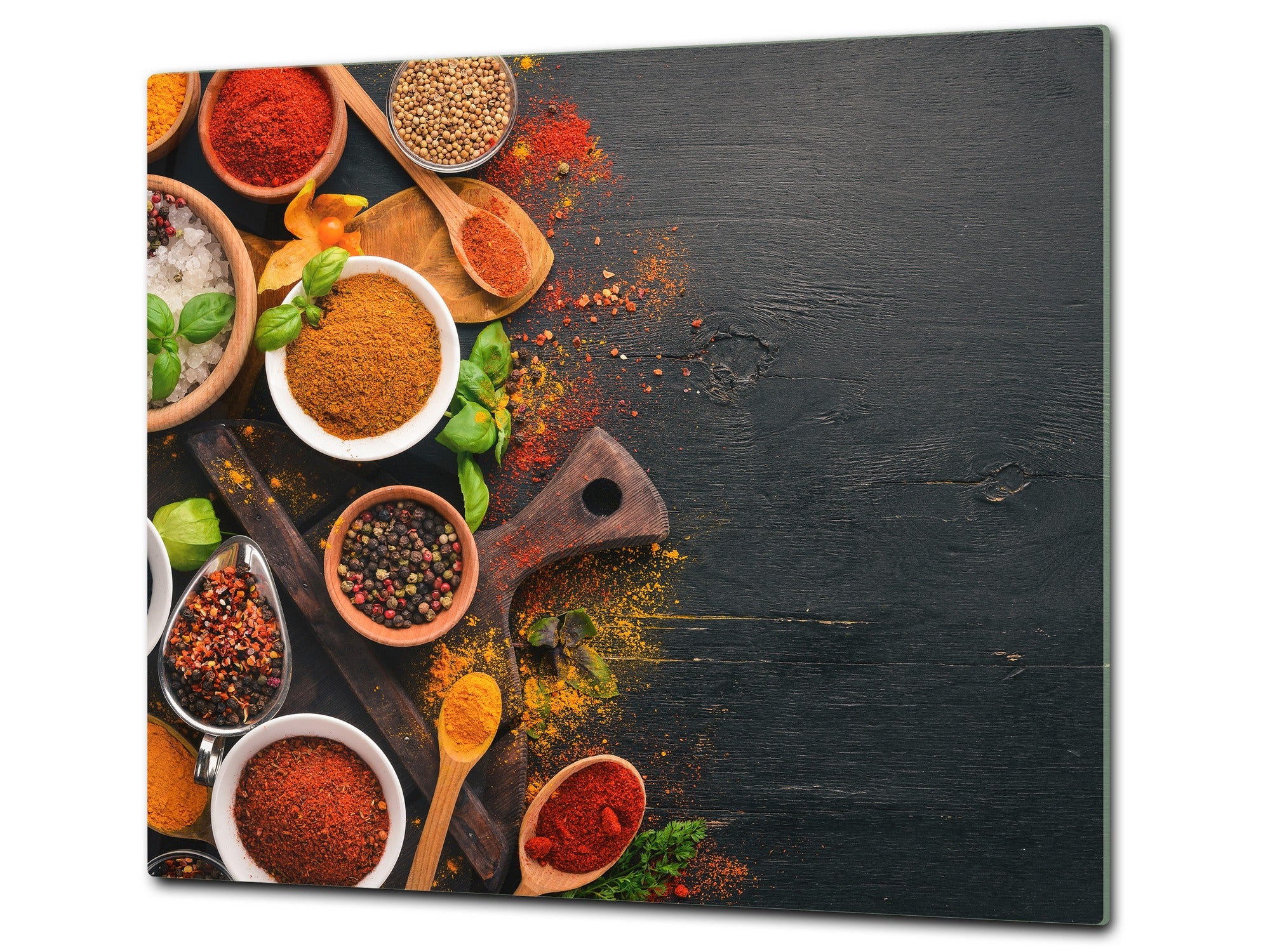 Induction Cooktop Cover –Shatter Resistant Glass Kitchen Board – Hob cover; MEASURES: SINGLE: 60 x 52 cm (23,62” x 20,47”); DOUBLE: 30 x 52 cm (11,81” x 20,47”); D38 Herbs and spices Series : Colourful spices