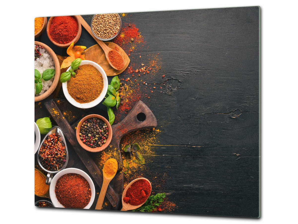 Induction Cooktop Cover –Shatter Resistant Glass Kitchen Board – Hob cover; MEASURES: SINGLE: 60 x 52 cm (23,62” x 20,47”); DOUBLE: 30 x 52 cm (11,81” x 20,47”); D38 Herbs and spices Series : Colourful spices