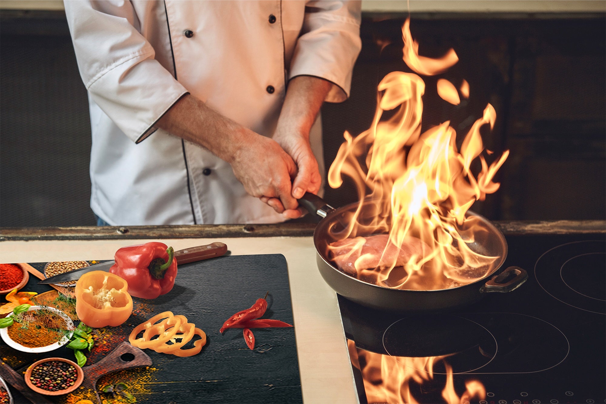 Induction Cooktop Cover –Shatter Resistant Glass Kitchen Board – Hob cover; MEASURES: SINGLE: 60 x 52 cm (23,62” x 20,47”); DOUBLE: 30 x 52 cm (11,81” x 20,47”); D38 Herbs and spices Series : Colourful spices