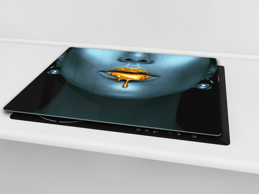 UNIQUE Tempered GLASS Kitchen Board –Scratch Resistant Glass Cutting Board – MEASURES: SINGLE: 60 x 52 cm (23,62” x 20,47”); DOUBLE: 30 x 52 cm (11,81” x 20,47”); D35 Art Series : Golden lips 2