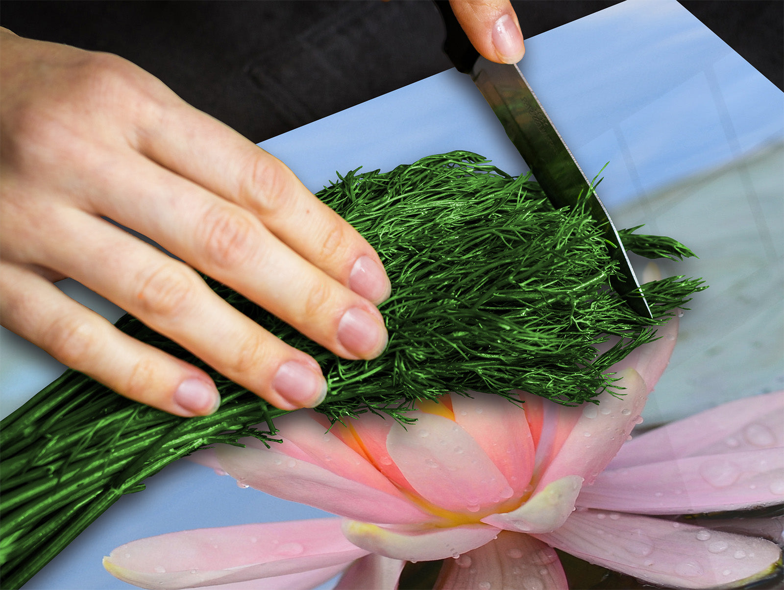 Tempered GLASS Cutting Board – Worktop saver and Pastry Board –- Glass Kitchen Board; MEASURES: SINGLE: 60 x 52 cm (23,62” x 20,47”); DOUBLE: 30 x 52 cm (11,81” x 20,47”); D34 Nature Series: Beautiful water lilly flower 1