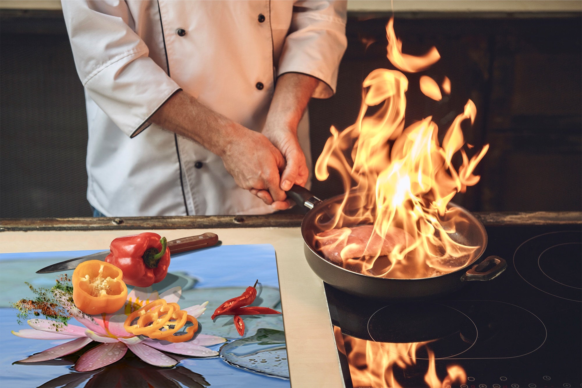 Tempered GLASS Cutting Board – Worktop saver and Pastry Board –- Glass Kitchen Board; MEASURES: SINGLE: 60 x 52 cm (23,62” x 20,47”); DOUBLE: 30 x 52 cm (11,81” x 20,47”); D34 Nature Series: Beautiful water lilly flower 1