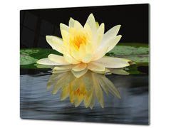 Tempered GLASS Cutting Board – Worktop saver and Pastry Board –- Glass Kitchen Board; MEASURES: SINGLE: 60 x 52 cm (23,62” x 20,47”); DOUBLE: 30 x 52 cm (11,81” x 20,47”); D34 Nature Series: Beautiful water lilly flower 2