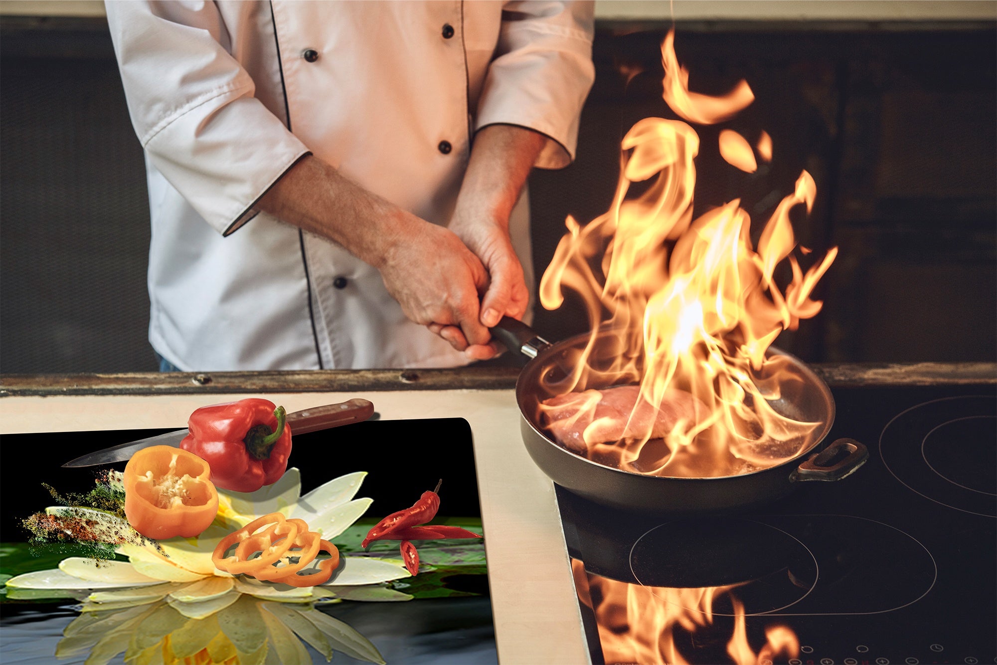 Tempered GLASS Cutting Board – Worktop saver and Pastry Board –- Glass Kitchen Board; MEASURES: SINGLE: 60 x 52 cm (23,62” x 20,47”); DOUBLE: 30 x 52 cm (11,81” x 20,47”); D34 Nature Series: Beautiful water lilly flower 2