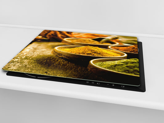 Induction Cooktop Cover –Shatter Resistant Glass Kitchen Board – Hob cover; MEASURES: SINGLE: 60 x 52 cm (23,62” x 20,47”); DOUBLE: 30 x 52 cm (11,81” x 20,47”); D38 Herbs and spices Series : Curry powder