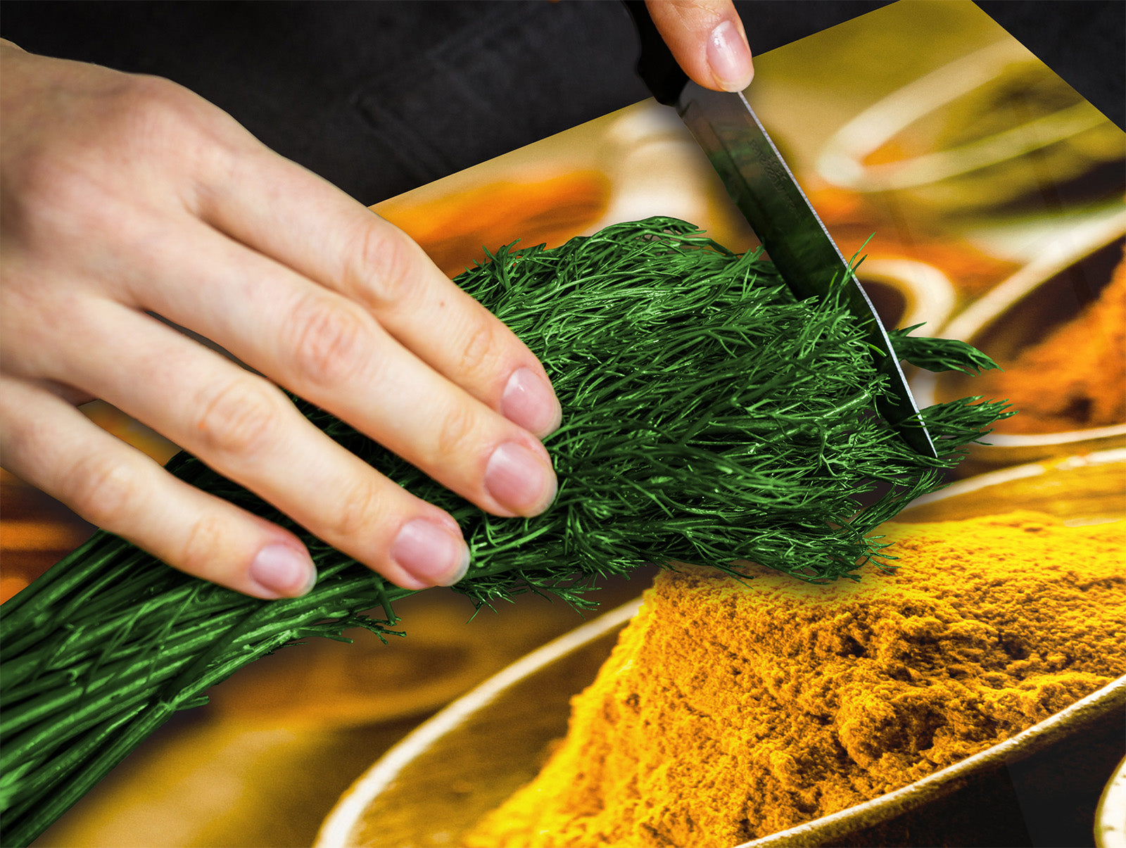 Induction Cooktop Cover –Shatter Resistant Glass Kitchen Board – Hob cover; MEASURES: SINGLE: 60 x 52 cm (23,62” x 20,47”); DOUBLE: 30 x 52 cm (11,81” x 20,47”); D38 Herbs and spices Series : Curry powder