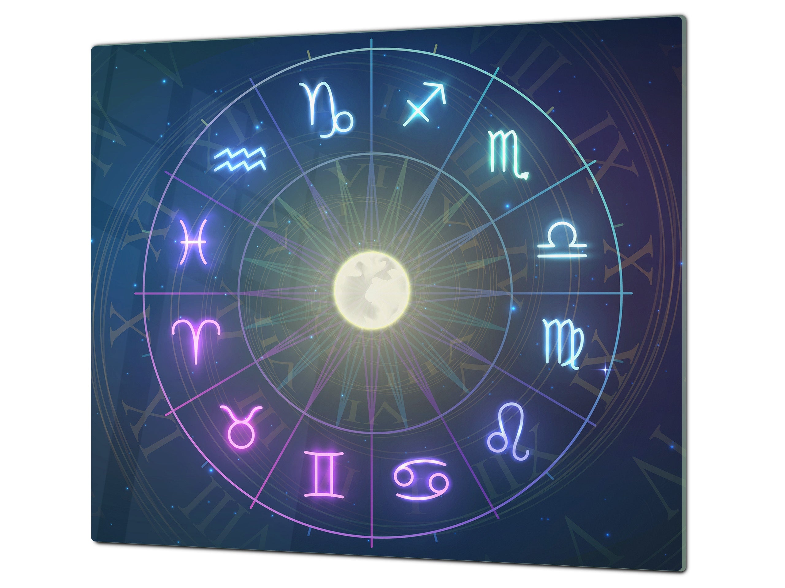 Chopping Board - Induction Cooktop Cover - Glass Cutting Board – Impact & Shatter Resistant – MEASURES: SINGLE: 60 x 52 cm; DOUBLE: 2 x 30 x 52 cm; D42 Modern Art Series : Circle of Zodiac