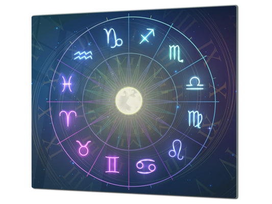 Chopping Board - Induction Cooktop Cover - Glass Cutting Board – Impact & Shatter Resistant – MEASURES: SINGLE: 60 x 52 cm; DOUBLE: 2 x 30 x 52 cm; D42 Modern Art Series : Circle of Zodiac