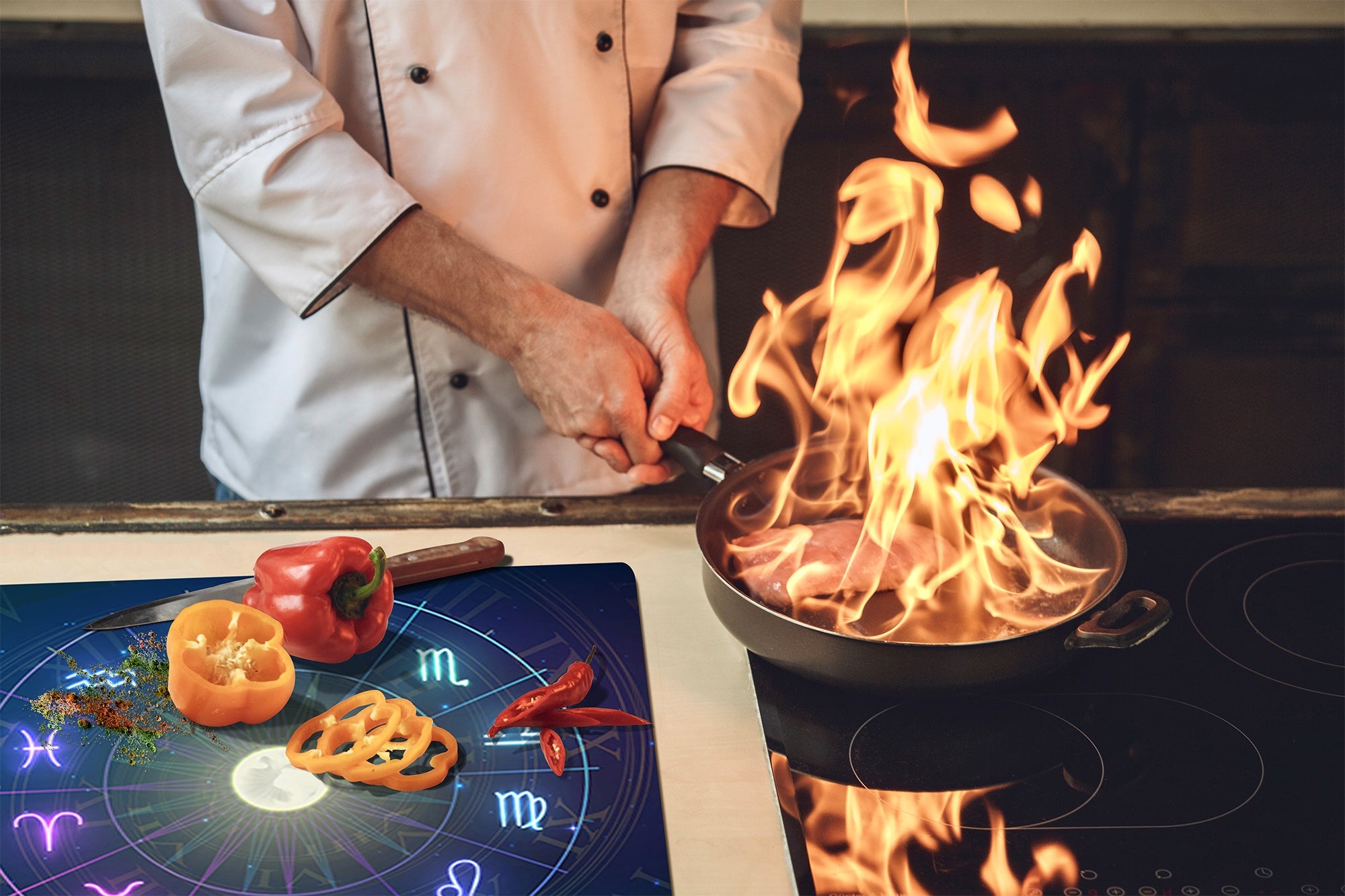 Chopping Board - Induction Cooktop Cover - Glass Cutting Board – Impact & Shatter Resistant – MEASURES: SINGLE: 60 x 52 cm; DOUBLE: 2 x 30 x 52 cm; D42 Modern Art Series : Circle of Zodiac