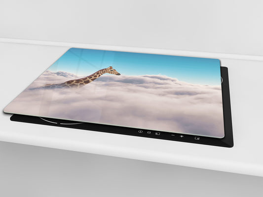 Versatile Tempered Glass Worktop Saver and Induction Cooktop Cover – Durable and Scratch-Resistant – MEASURES: SINGLE: 60 x 52 cm; DOUBLE: 2 x 30 x 52 cm; D41 Abstract Concepts Series 1 : Giraffe above Clouds