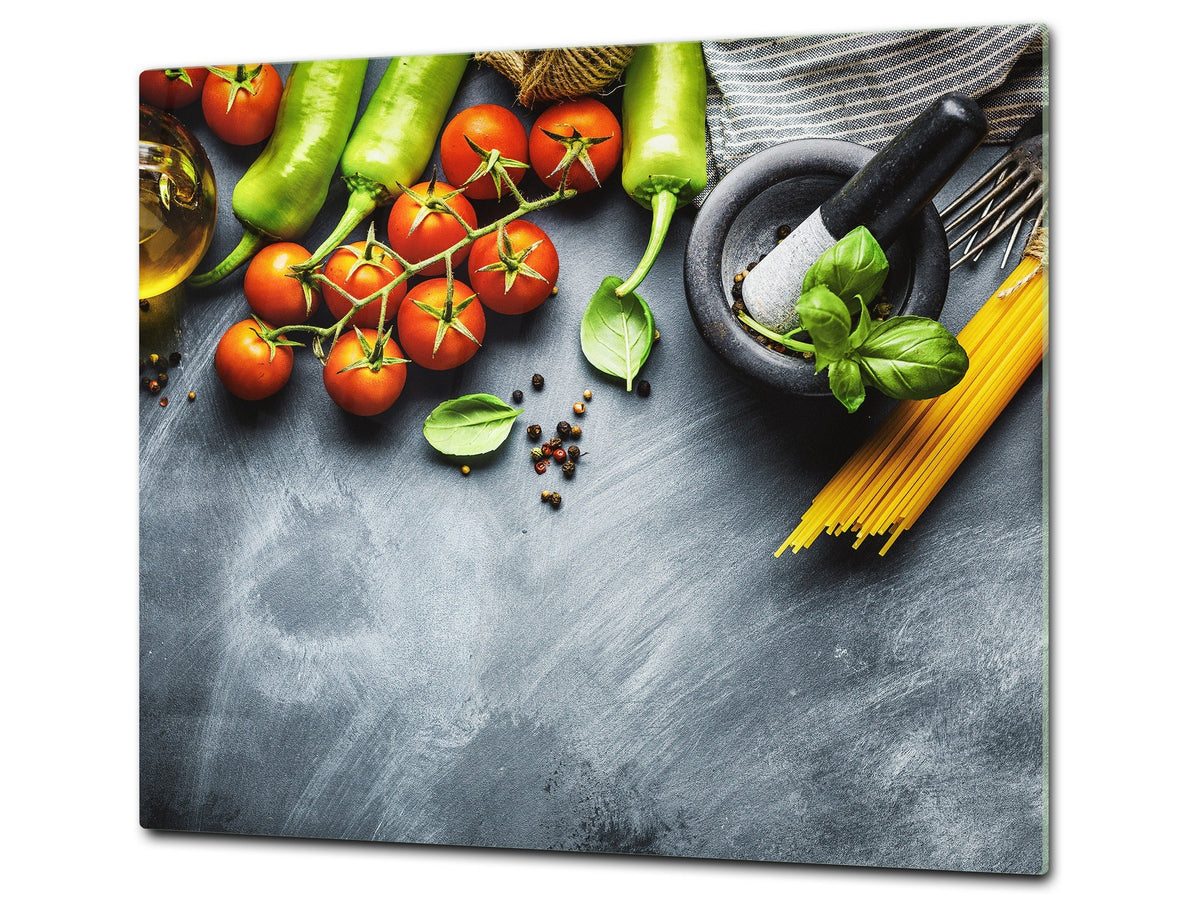 Induction Cooktop Cover –Shatter Resistant Glass Kitchen Board – Hob cover; MEASURES: SINGLE: 60 x 52 cm (23,62” x 20,47”); DOUBLE: 30 x 52 cm (11,81” x 20,47”); D38 Herbs and spices Series : Italia cuisine