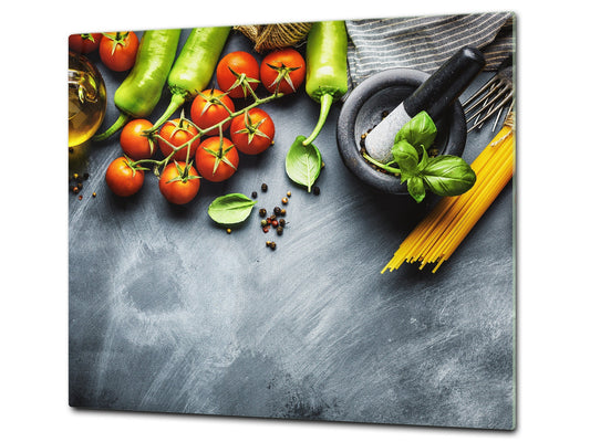 Induction Cooktop Cover –Shatter Resistant Glass Kitchen Board – Hob cover; MEASURES: SINGLE: 60 x 52 cm (23,62” x 20,47”); DOUBLE: 30 x 52 cm (11,81” x 20,47”); D38 Herbs and spices Series : Italia cuisine