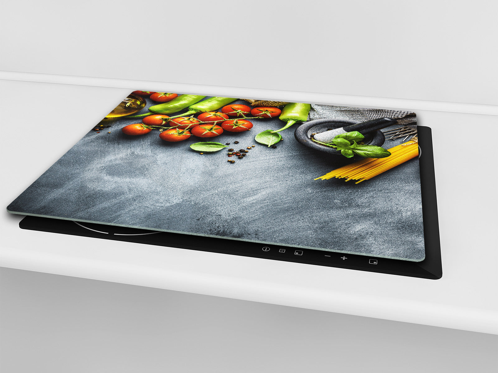 Induction Cooktop Cover –Shatter Resistant Glass Kitchen Board – Hob cover; MEASURES: SINGLE: 60 x 52 cm (23,62” x 20,47”); DOUBLE: 30 x 52 cm (11,81” x 20,47”); D38 Herbs and spices Series : Italia cuisine